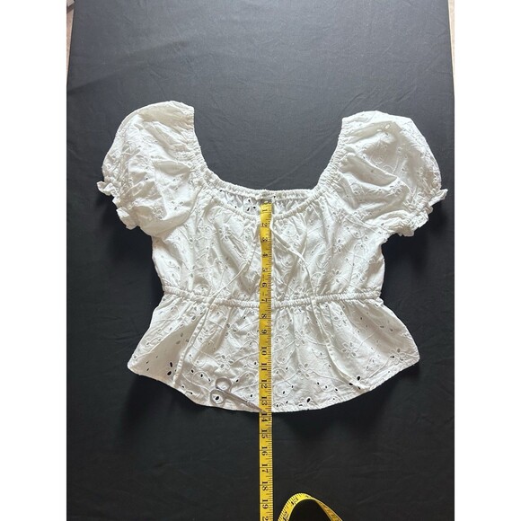 American Eagle Womens Small Eyelet Empire‎ Waist Puff Sleeve Crop White Top - Picture 2 of 7